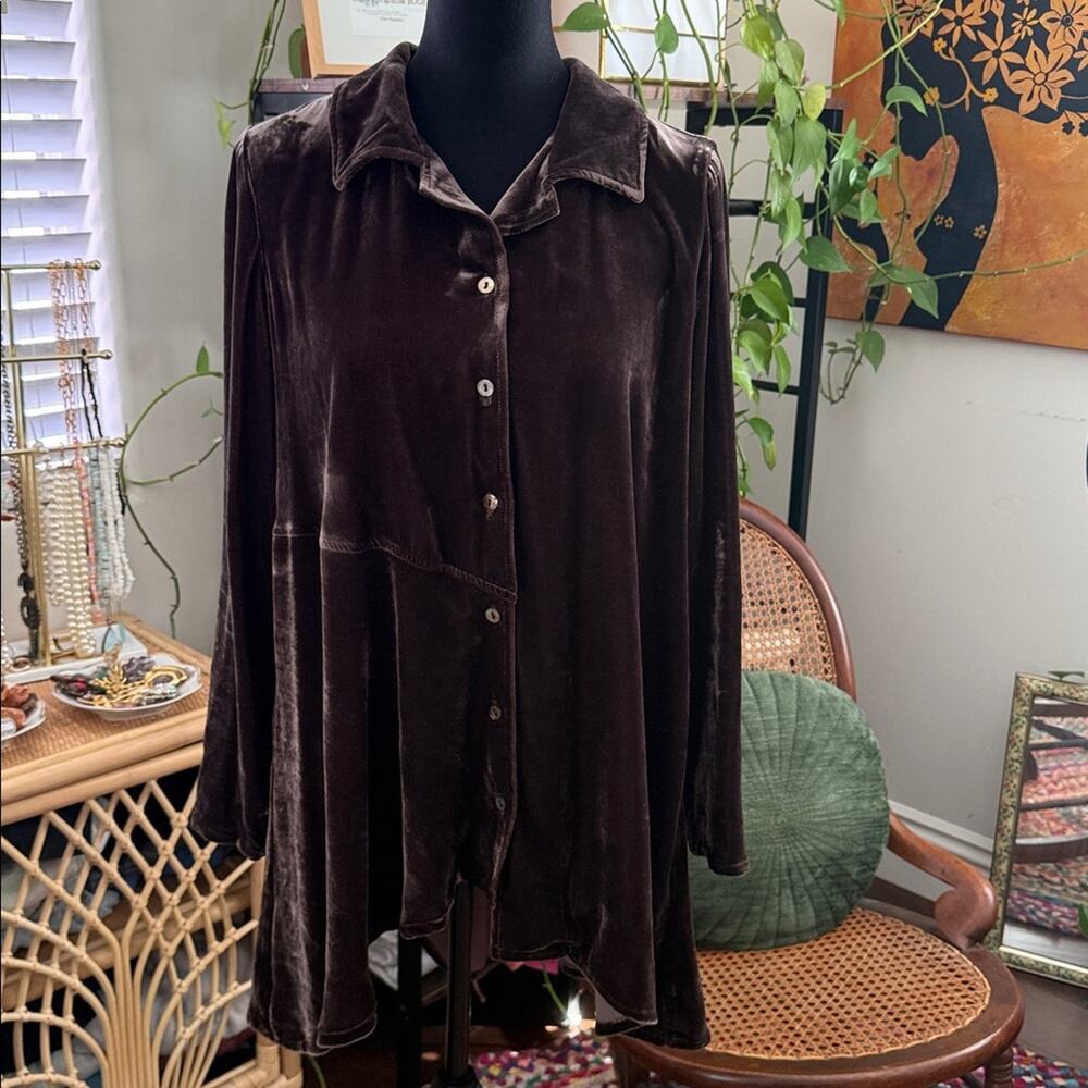 Lisa Bayne Chocolate Brown Crushed Velvet Button Up Boho Tunic Top